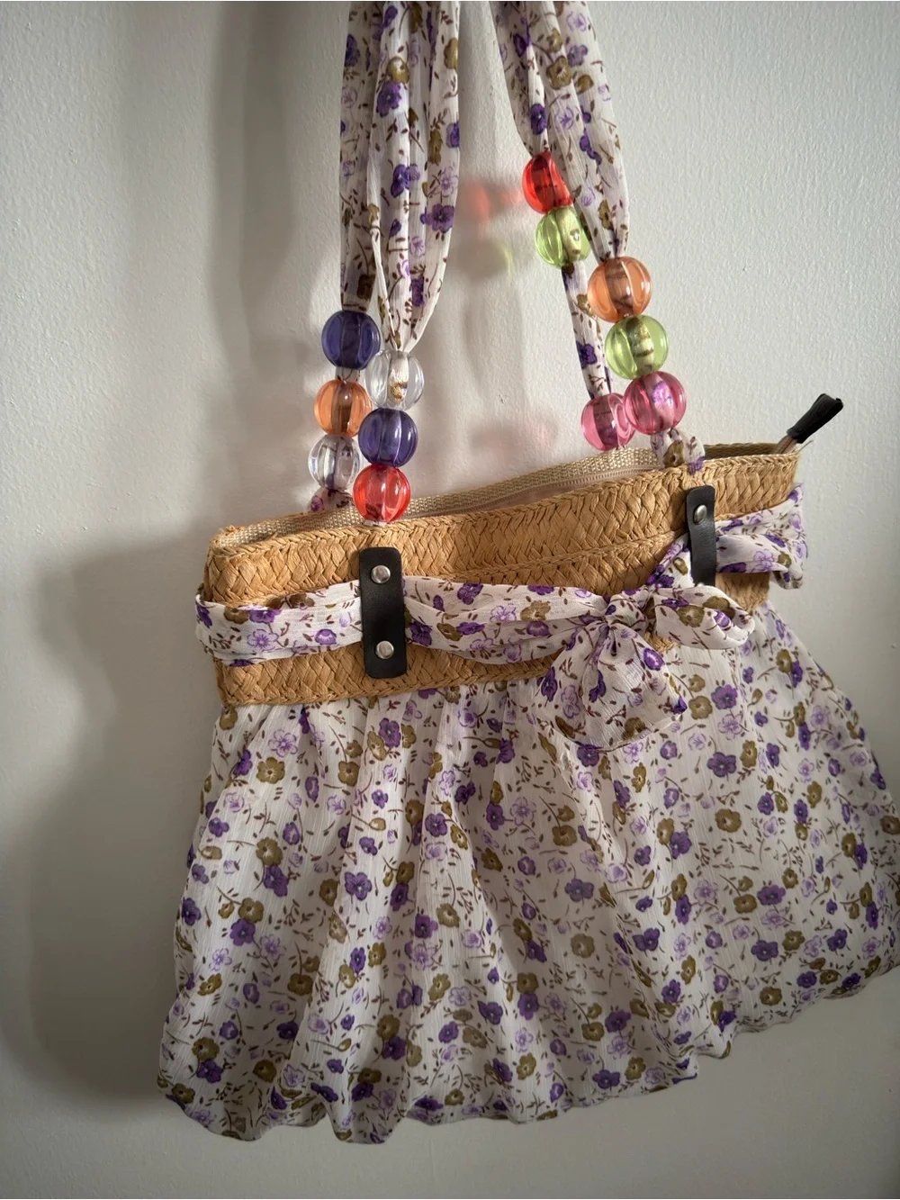 Floral Bubble Tote Bag with Beaded Handles - Cream and Lavender